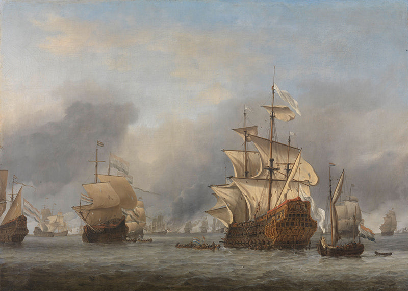 Fond de hotte Man'o'war hollandais et autres bateaux par mer calme