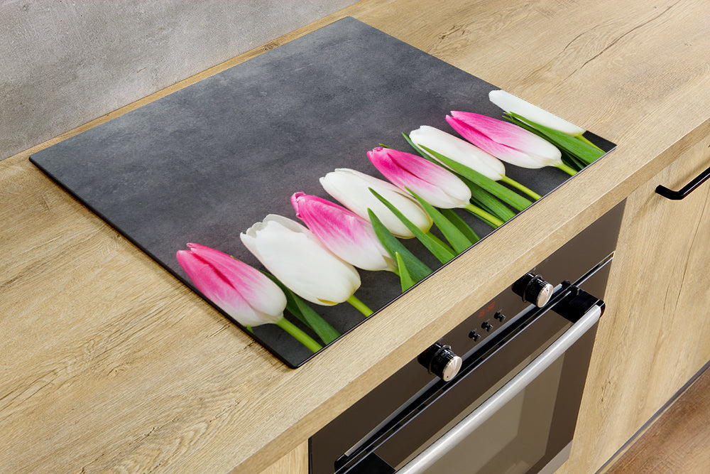 Protège-plaque à induction - Tulipes blanches et rose